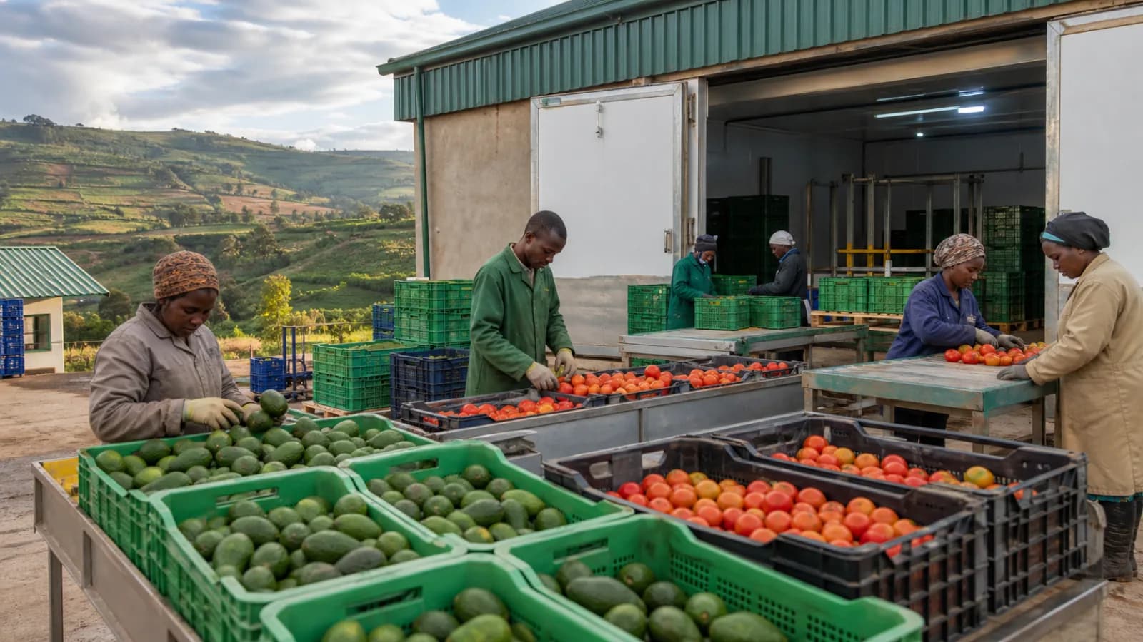 Illustrative showcase image of horticultural produce grading beside a highland cold store for Banana Production Base.